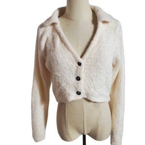 Ivory Furry Collared Cropped Cardigan